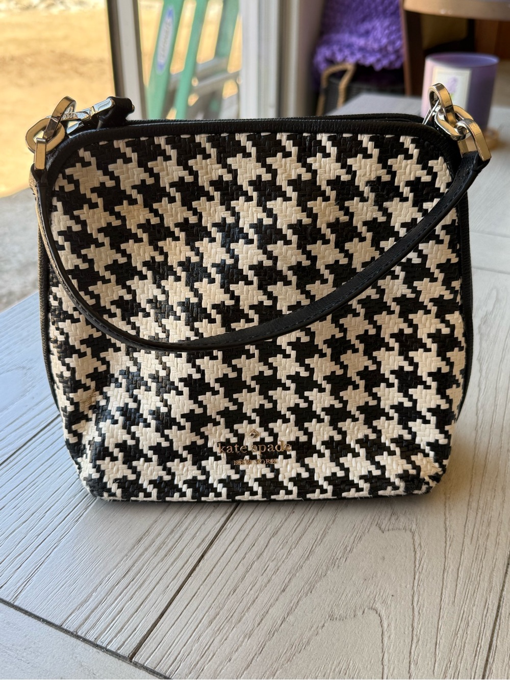 kate spade Black and White Houndstooth Woven Shoulder Bag